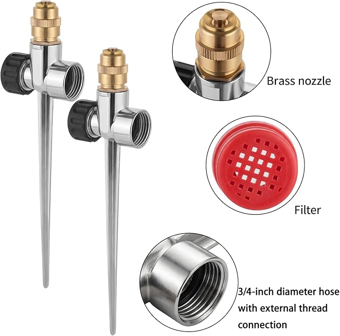 Lawn Sprinkler for Yard, 2 Pack Coverage Metal Water Sprinklers with Aluminum Alloy Stake Base, Adjustable Brass Nozzle for Yards Garden Vegetable Small/Medium Lawn Irrigation
