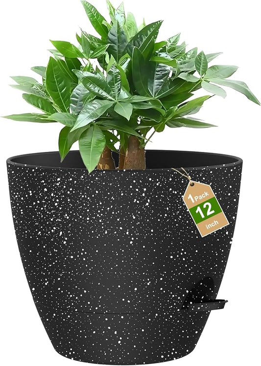 Self Watering Pots, 12 Inch Large Flower Pots with Multi-Mesh Drainage Holes and Saucer, Planters for Indoor and Outdoor Garden Plants (Speckled Black)