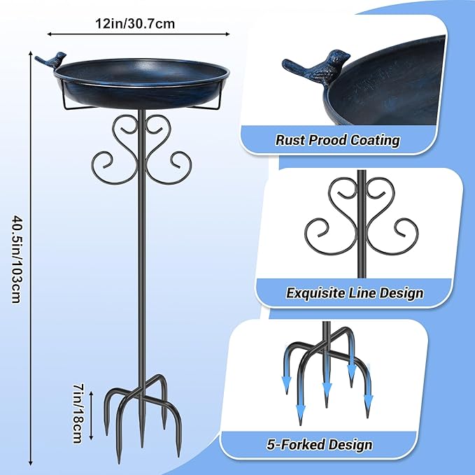 Metal Bird Bath for Outside, 40 Inch Tall Vintage Freestanding Birdbaths Bowl with Bird Statue, Sturdy 5-Pronged Base Birdfeeder for Outdoors Garden Patio Yard Lawn Decor (Vintage Blue)