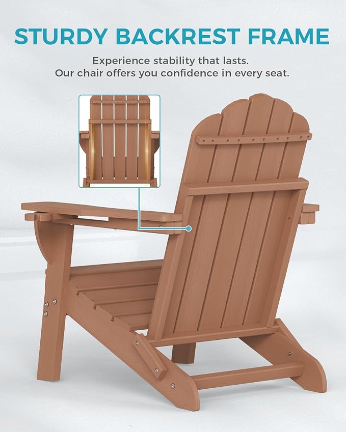 Adirondack Chairs Set of 4, HDPE Material Fire Pit Chairs, Plastic Adirondack Chairs with 2 Cup Holder, Outdoor Lawn Chair for Patio Garden, Teak