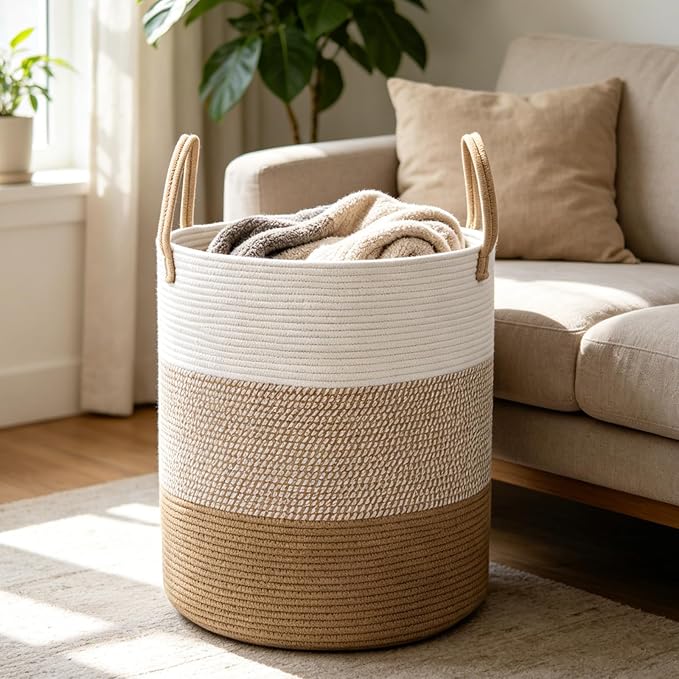 55L Woven Laundry Basket,Large Clothes Hamper with Handles- Yellow