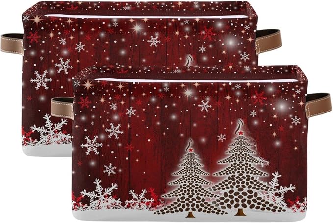 Christmas Tree Red Storage Basket Fabric Laundry Baskets Winter Snowflake Snowman Xmas Storage Boxes Organizer Bag for Baby Cloth Dog Toy Book Storage Cubes Shelf Closet Bins 16×12×8 Inches