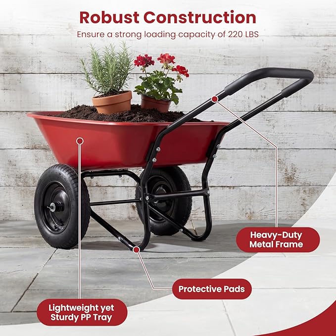 Enlarged Dual-Wheel Wheelbarrow, Easy Loading and Dumping Garden Cart, Heavy Duty Utility Dump Cart for Lawn, Yard, Farm, Gardening & Planting (Red)