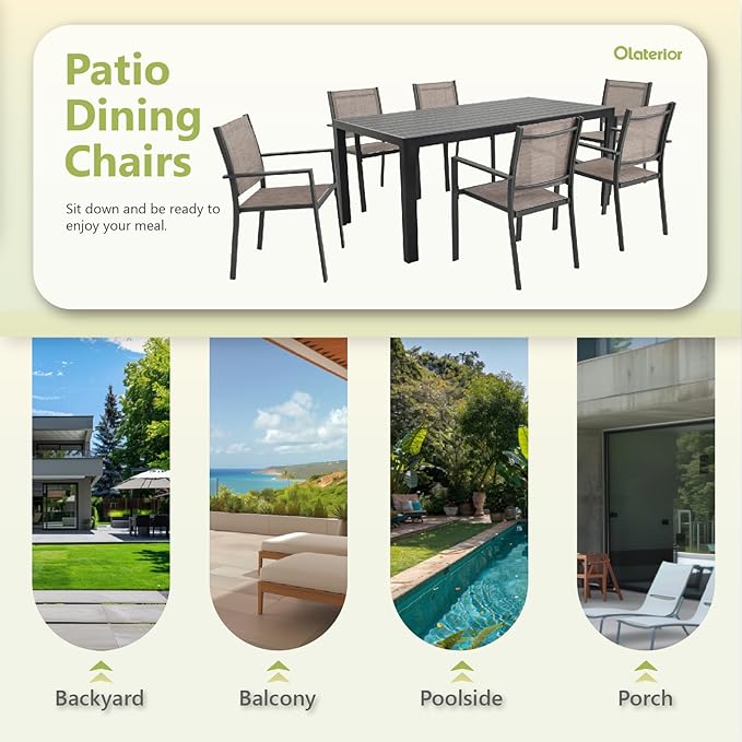 Patio Dining Chairs, All-Weather High-Resilience Textilene Outdoor Dining Chair Set of 2, Heavy-Duty Stackable Minimalist Outdoor Chairs with Armrest, Patio Chairs for Lawn Deck Pool, Brown
