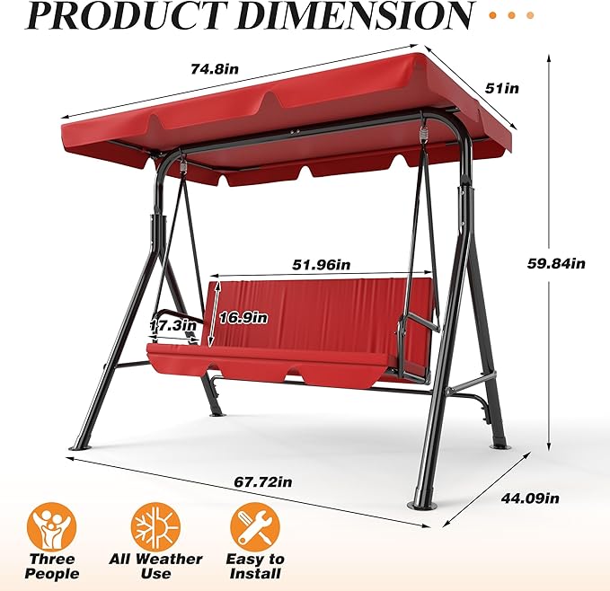 GARTOO 3-Seat Patio Swing Chair, Outdoor Porch Swing with Adjustable Canopy and Durable Steel Frame for Patio, Garden, Poolside(Red)