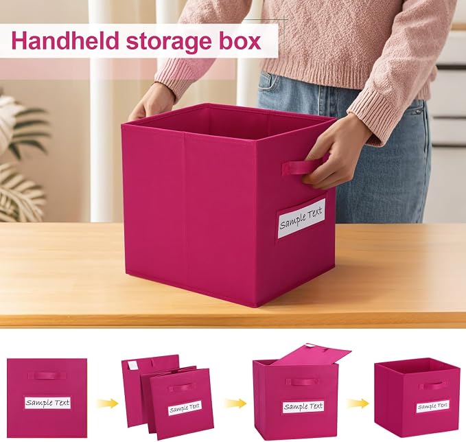 Fabric storage cubes (8 Pack) 13 Inch Cube Storage Bin, cube organizer bins with 8 Labels Window Cards & a Pen, Foldable cube organizer bins and Storage Box, Dark pink