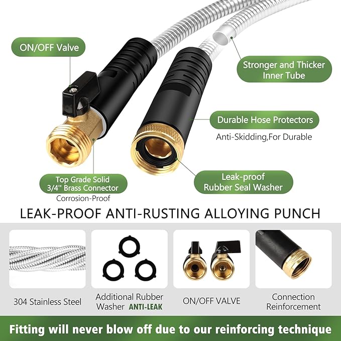 Metal Garden Hose 100 ft Stainless Steel Water Hose Heavy Duty Flexible Lightweight Durable Long No Kink Hoses Pipe with 10 Function Nozzle Strong 3/4’’ Solid Brass Fitting for Outdoor Yard