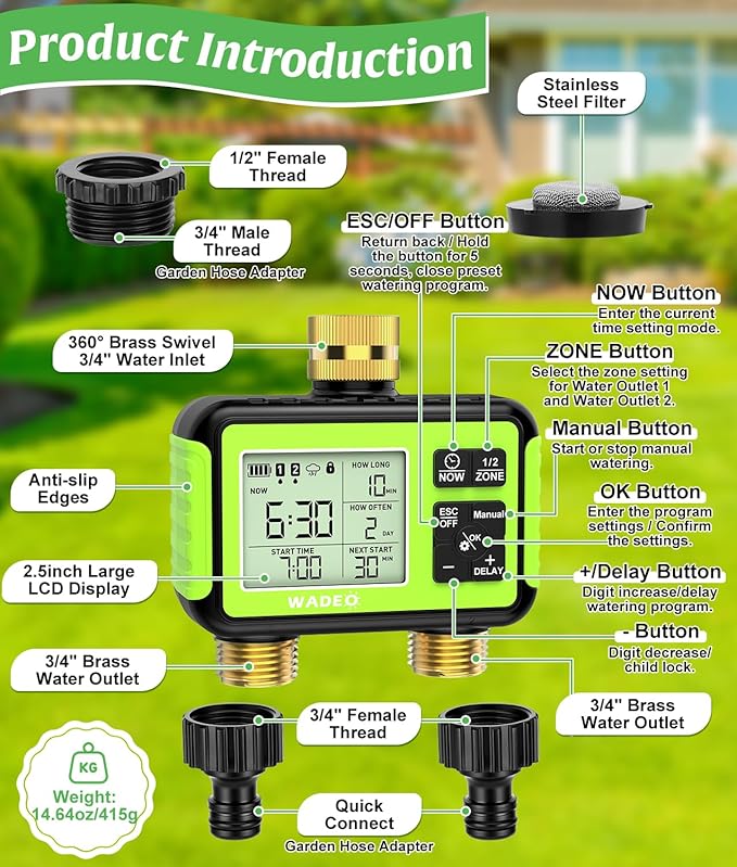 Sprinkler Timer with Brass Inlet Outlet for Garden Hose, Outdoor 2 Zone Water Hose Timer with Rain Delay/Auto/Manual/Child Lock, Rainpoint Drip Irrigation Controller for Lawn Yard Garden Watering