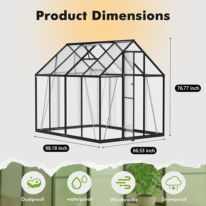 6×7.5FT Greenhouse for Outdoors, Walk-in Greenhouse and Winter Garden Planting, Polycarbonate Greenhouse with Electronic Thermometers, Withstands Strong Wind or Snow to Protect Vegetable or Plants