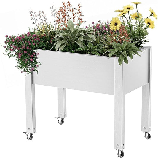 Raised Garden Bed with Legs, 28.9" Tall Elevated Garden Bed with Wheels, Drain Plug & Water Monitor Design, Outdoor Planter Box for Plants Vegetables Flowers Fruits(Ashen)