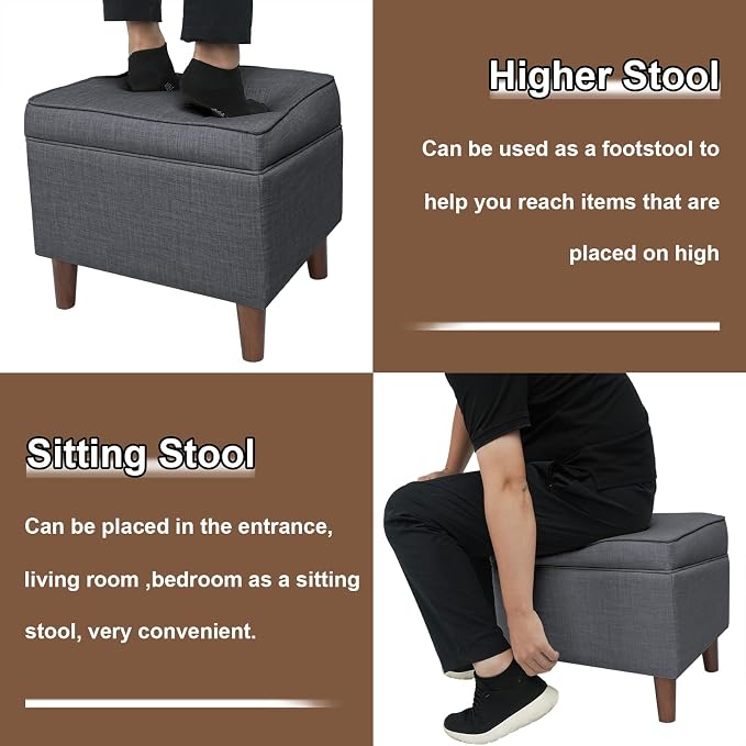 FAGAGA 18" Storage Ottoman with Adjustable Cover, Soft Step Stool | Footrest and Seat, Ottoman Foot Rest for Living Room, Bedroom, Dorm, Light Gray