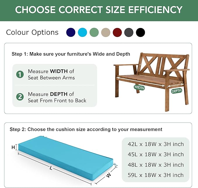 Summsun Outdoor Bench Cushion: Waterproof and Fade Resistant Patio Furniture Cushions - Non-Slip Bench Pad Cushion with Removable Cover for Garden Swing Porch Sofa Settee, 45 x 18 Inch, Teal