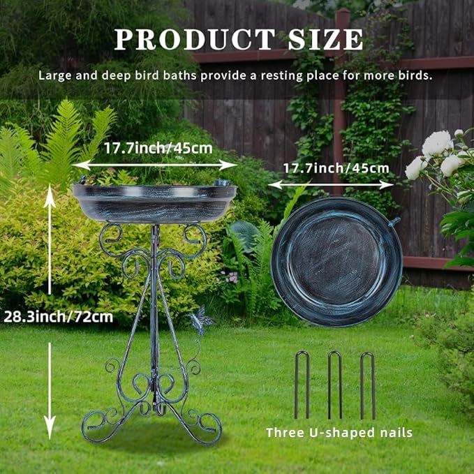 VEWOGARDEN Large Metal Bird Bath for Outside Garden Standing Birdbath with Folding Bracket for Outdoors Yard Patio Decoration, Blue