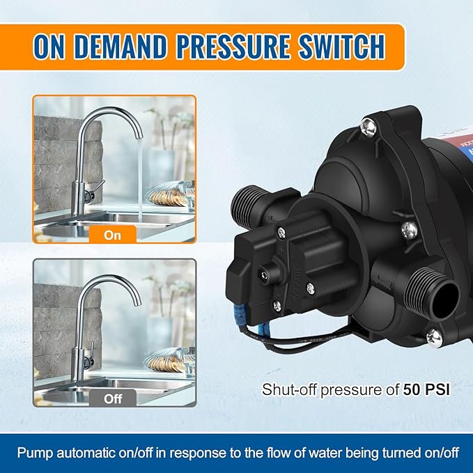 YOUNGTREE RV Water Pressure Diaphragm Pump 110V 4.0GPM 50PSI On Demand Fresh Water Transfer Pump 110Volt AC with Garden Hose Adapters for Irrigation Home Pool Draining Sprinkler