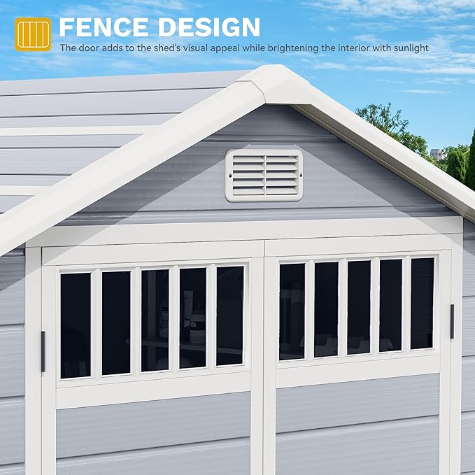 DWVO 6x4.4 FT Outdoor Storage Shed with Fence-Style and Side Windows, Lockable Door, and Vents Resin Storage Shed for Garden Backyard Patio Lawn