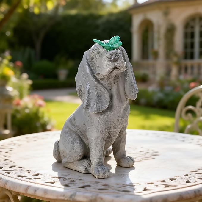 Garden Statue Dog Figurines - Outdoor Dog Statue with Solar Butterfly Lights for Patio Yard Art Decor Balcony Lawn Ornament, Ideal Housewarming Gardening Gifts for Mom