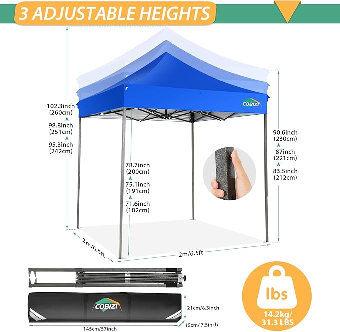 COBIZI 6.6x6.6 Pop up Canopy Tent 6.6x6.6 Canopy No Sidewall Waterproof Heavy Duty Commercial for Parties Outdoor Garden Gazebo Tent, Carry Bag with Wheel(6.6x6.6ft No Sidewalls, Blue)