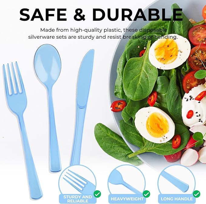 75 PCS Plastic Silverware Disposable Silverware Heavy Duty Utensil Sets 25 Of Each Forks Knives & Spoons Disposable Cutlery Set For Easter,Birthday,Baby Shower,Garden Party,Wedding(75,Light Blue)