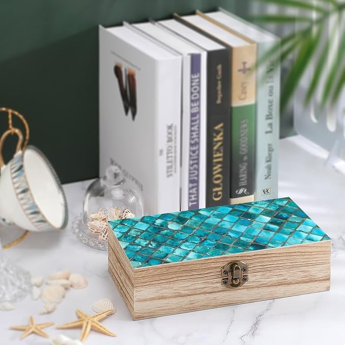 Turquoise Blue Pattern Small Wooden Storage Box, Elegant Retro Style, Practical Storage & Home Decoration Dual Use