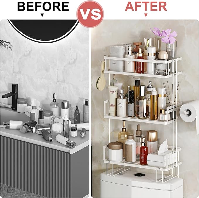 Godboat 3-Tier Over Toilet Storage Shelf, Wall-Mount with 2 Hook/Paper Rack