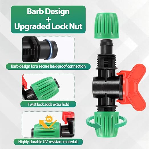 RedChili 10 Pcs 1/2 Inch Irrigation Tubing Shut Off Valve Fittings, (1/2" ID x0.6-0.65" OD) 16mm Drip Tubing Barbed Locked Nuts Connectors Anti-Drop 1/2" Inline Valve Parts for Irrigation System