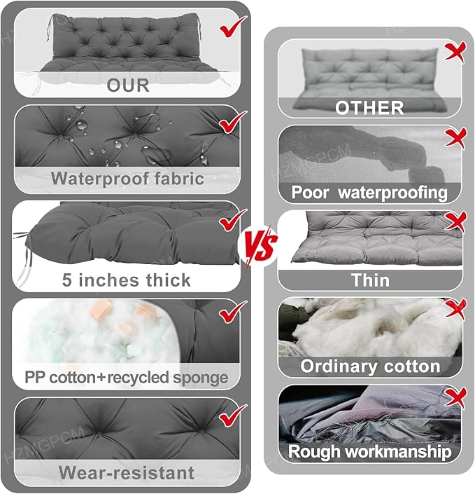 Outdoor Swing Cushions 3 Seater Waterproof Extra Thick 5 inch Porch Swing Cushions Outdoor 58 inch Sturdy Durable with Backrest & 8 Ties Not Easy to Fade Swing Cushion for Outdoor Furniture