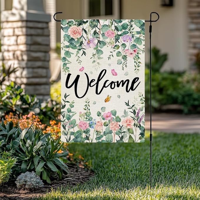 CROWNED BEAUTY Spring Garden Flag Floral Double Sided 12x18 Inches Small Burlap Holiday Seasonal Welcome Yard Decoration for Outside Porch CF1768-12