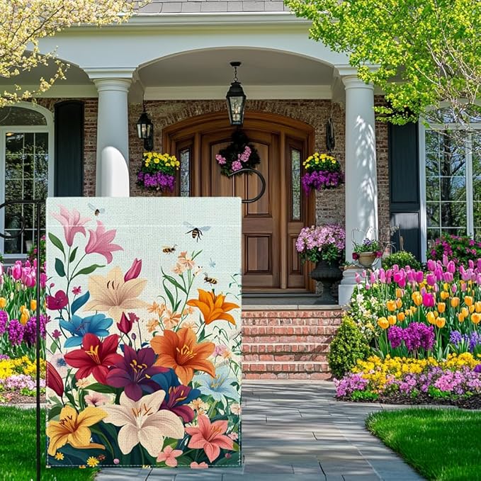 Spring Lily Colorful Floral Garden Flag 12x18 Inch Double Sided Welcome Summer Bee Flower Yard Outdoor Flag House Holiday Outside Decoration