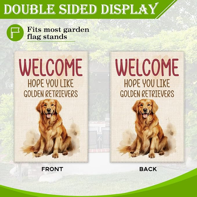 Hafhue Welcome Hope You Like Golden Retrievers Garden Flag, 12x18 In Double Sided Printing Holiday Yard Outdoor Farmhouse Home Lawn Exterior Porch Decoration Flag, Housewarming Gifts for Dog Owner