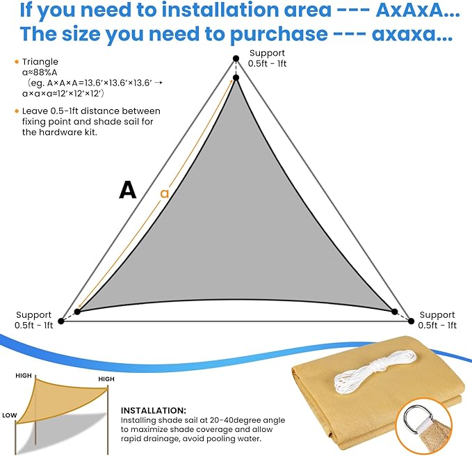 StorageTastic Triangle Sun Shade Sail - 20' x 20' x 20', UV Block Awnings for Patio Shade with Ropes Resist Wear, Tear & Fade, Breathable Sunshades for Outdoor Patio, Garden, Deck, Yard (Sand)