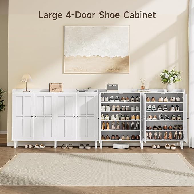 ONBRILL Extra Large Shoe Cabinet with 4 Doors & 6 Adjustable Shelves(White)