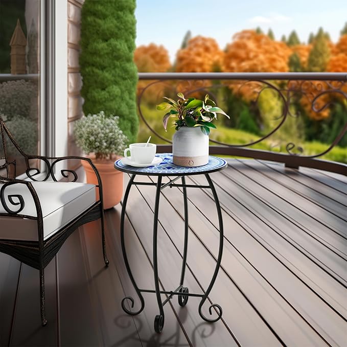 14" Round Outdoor Side Table, Metal Scrollwork Accent End Table with Unique Relief Ceramic Tile Tabletop, Coffee Tea Table Nightstand for Living Room, Bedroom