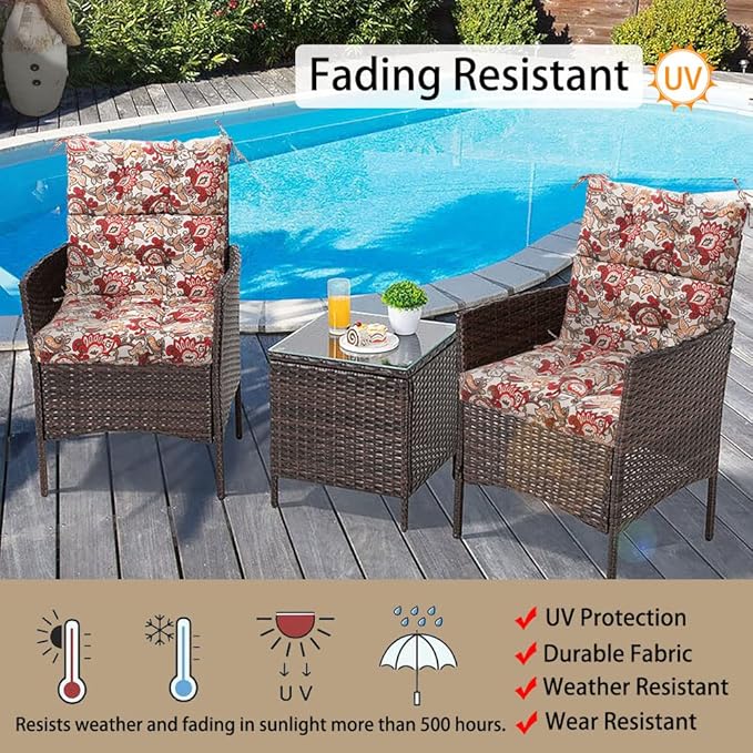 Magpie Fabrics Indoor/Outdoor Tufted High Back Chair Cushion Set of 2, Waterproof Deep Seating Rocking Chair Outdoor Chaise Lounge Sun Lounger Chair Cushions(Botanical Red Orange)