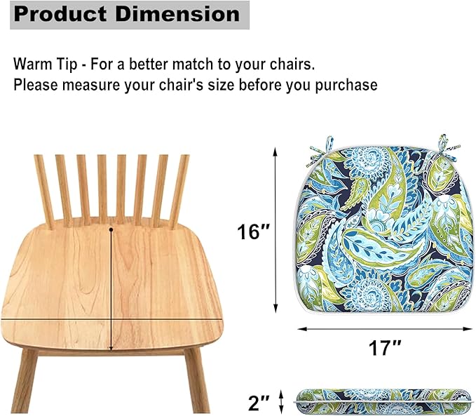 DYTXIII Set of 4 Outdoor Chair Cushions with Ties,Water Repellent Patio Chair Pads 17"x 16" for Outdoor Furniture,Round Corner Seat Cushions for Garden Yard Kitchen Paisley Lapis Green