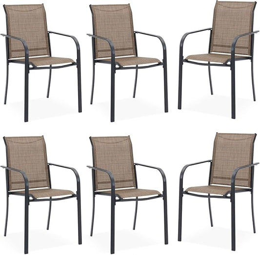 DIFY Patio Chairs Set of 6, Stackable Textilene Outdoor Dining Chairs with Metal Frame, All Weather Outdoor Chairs Set for Backyard Garden Deck Poolside, Brown