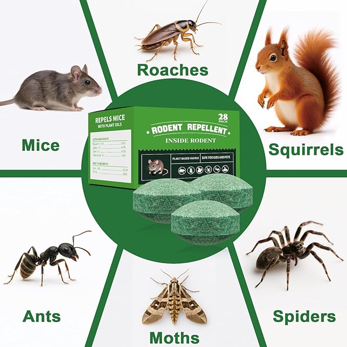 28-Pack Mouse Repellent, Long-Lasting Rodent Protection for Indoor and Outdoor Spaces, Safe for Kitchens, Gardens, RVs, and Family Areas
