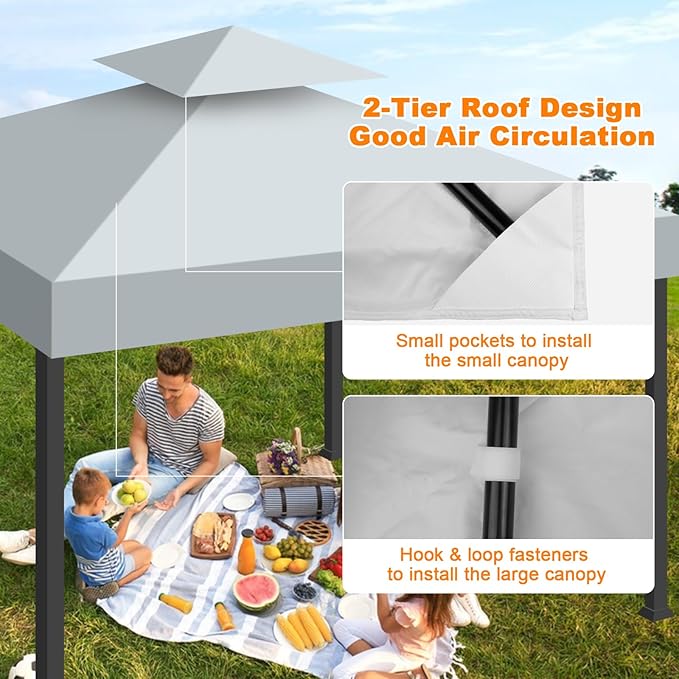 10x10 Gazebo Replacement Canopy, Double Tiered Canopy Cover Top with Ventilation, Heavy Duty 300D Polyester Waterproof Outdoor Gazebo Roof for Patio Garden Yard (Grey, Flat Edge)