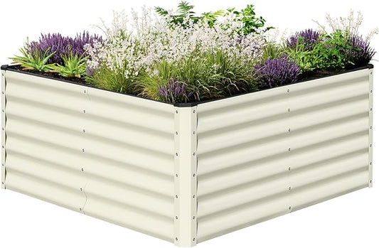 SnugNiture Galvanized Raised Garden Bed 4x4x2FT Outdoor Large Metal Planter Box Steel Kit for Planting Vegetables, Flowers, Beige White