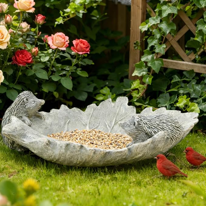 Bird Bath Bowl Hedgehog Statue Decorative Leaf for Gardeners Lovers Cement Small Birdfeeder Outside Concrete Outdoor Water Tray Patio Yard Balcony Deck Garden Decor Gift Women Mom