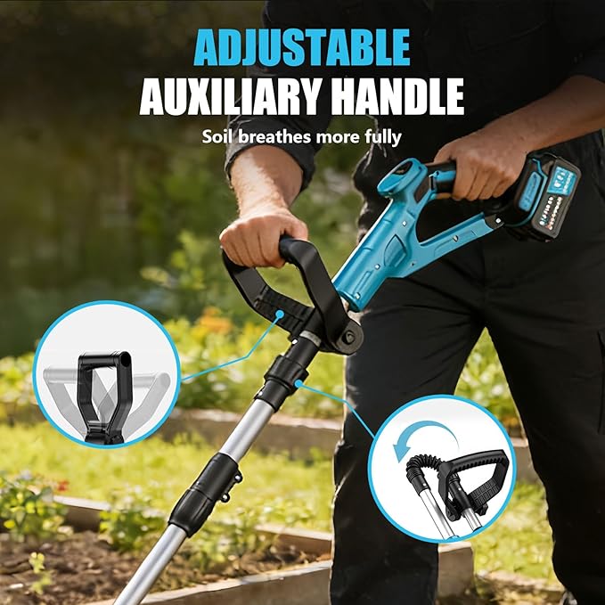 21V Electric Cordless Tiller Cultivator, 360RPM Garden Tiller with 2 x 4.0Ah Batteries Charger, 12In Tilling Width & 8In Depth Garden Rototiller for Lawn, Gardening, Soil Cultivation (Blue-1)