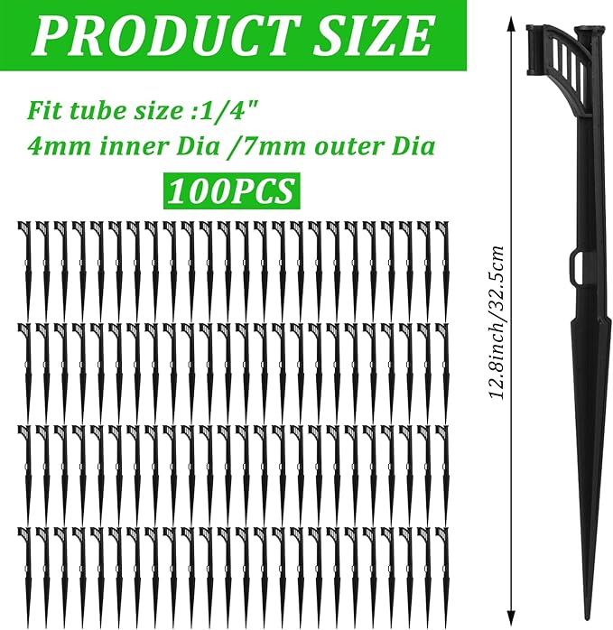 100 Pcs 12.8" Irrigation Drip Support Stakes 1/4 Inch Drip Irrigation Stakes for 1/4 Inch Drip Irrigation Tubing Hose Holder Drip Irrigation Support Stakes for Gardens Irrigation Supplies