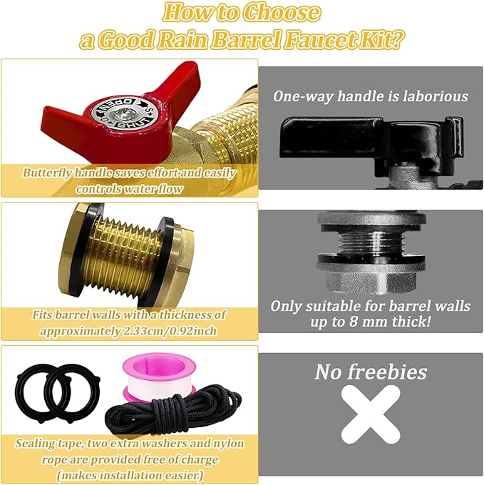Brass Water Container Rain Barrel Faucets Spigot Kit 3/4" GHT Brass Rain Barrel Quarter Turn Ball Valve Spigot with Bulkhead Fitting Suitable for Garden Hose Thread Connection
