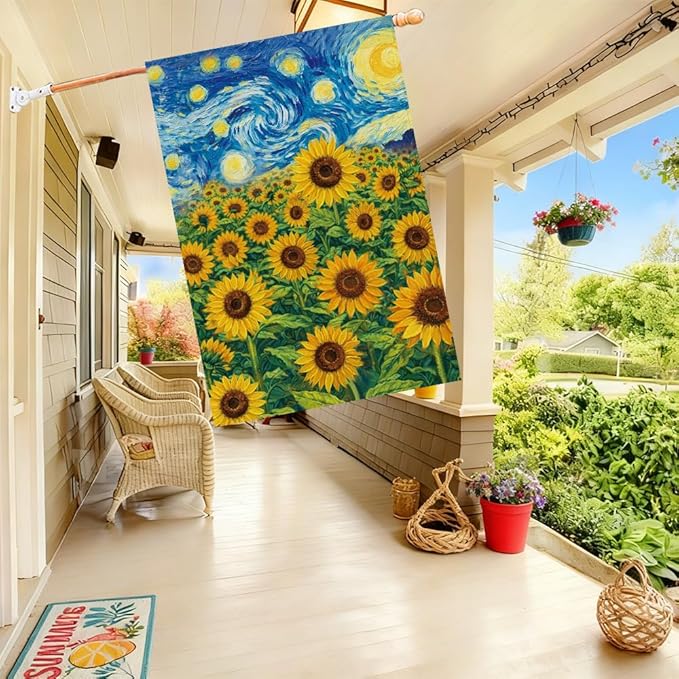 Baccessor Spring Summer Sunflowers Garden Flag 28x40 Inch Double Sided Burlap,Starry Night Flower Large Flag Seasonal Farmhouse Outside Outdoor Decoration