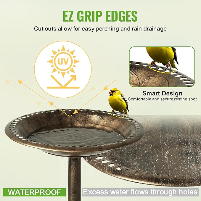 Backyard Expressions Outdoor Garden Bird Bath - Bronze - Weather Resistant Resin with Ground Stakes - 27 Inch