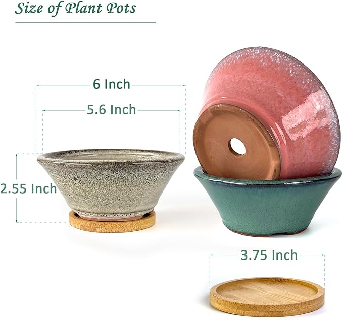 6 Inch Glazed Terracotta Succulent Pot Planter Small Plant Pot with Drainage Hole and Bamboo Saucer Cactus Ceramic Pot Set of 3 (Light Green Pink White)