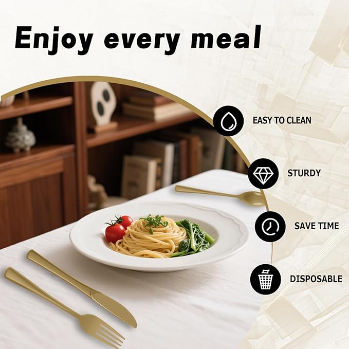Plastic Silverware 150 PCS Disposable Silverware Heavy Duty Utensil Sets 50 Of Each Forks Knives & Spoons Disposable Cutlery Set For Easter,Birthday,Baby Shower,Garden Party,Wedding(150,Gold)