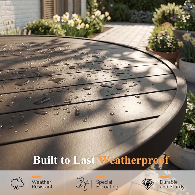 Round Outdoor Dining Table, Metal Round Patio Table for 8-Person with Adjustable Umbrella Hole, Weather-Resistant for Garden Backyard Porch