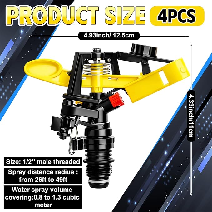 Honoson 1/2 Inch Plastic Impact Sprinklers Heads Adjustable 0-360 Degree Pulsating Oscillating Watering Sprinkler Head for Garden Law Grass Yard Irrigation Supplies(4 Pcs,Yellow)