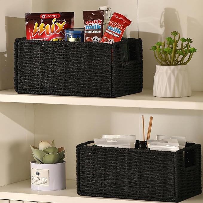 Vagusicc Wicker Storage Basket, Set of 2 Black Wicker Baskets for Bathroom