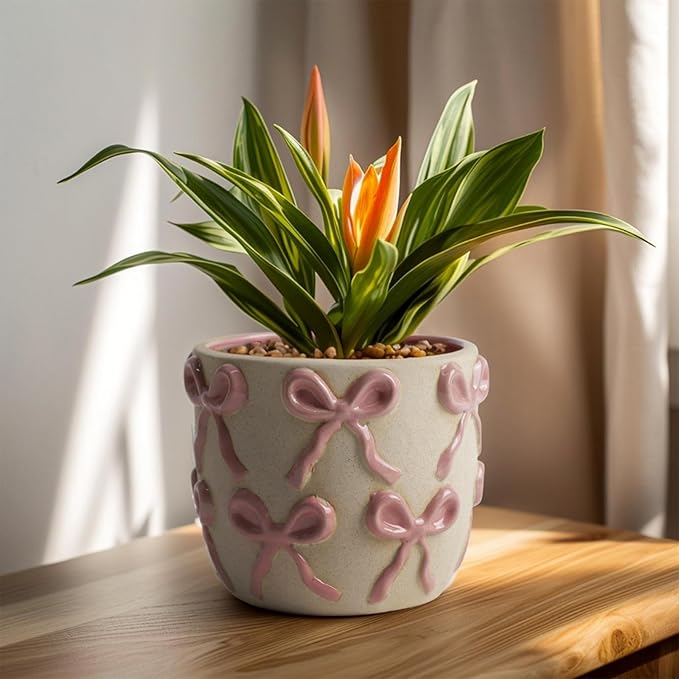 Ceramic Flower Pots for Indoor and Outdoor Plants, Succulent Orchid Round Clay and Terracotta Planter for Garden Home Modern Decoration 5.3 Inch (Pink Bow, Without Saucers)